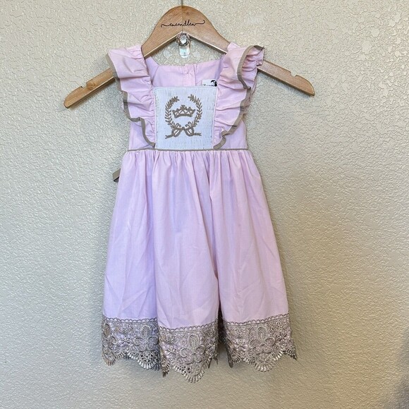 Periwinkle Parasol Pink Brown Dress Smocking Lace Tie Back Crown 3T - Picture 1 of 6